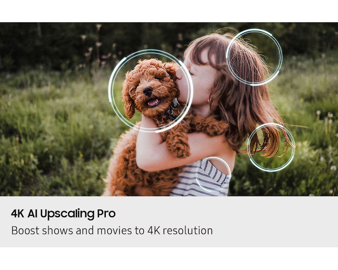 Child holding a dog in a grassy field with text about 4K AI Upscaling Pro.