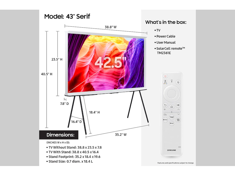 Samsung 43" The Serif QLED Smart Tv_4K Matte Display, Series LS01D, White, 43LS01D, 2025